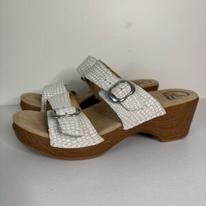 Dansko Sophie White Snakeskin Leather Buckle Slide Sandal | Size 40